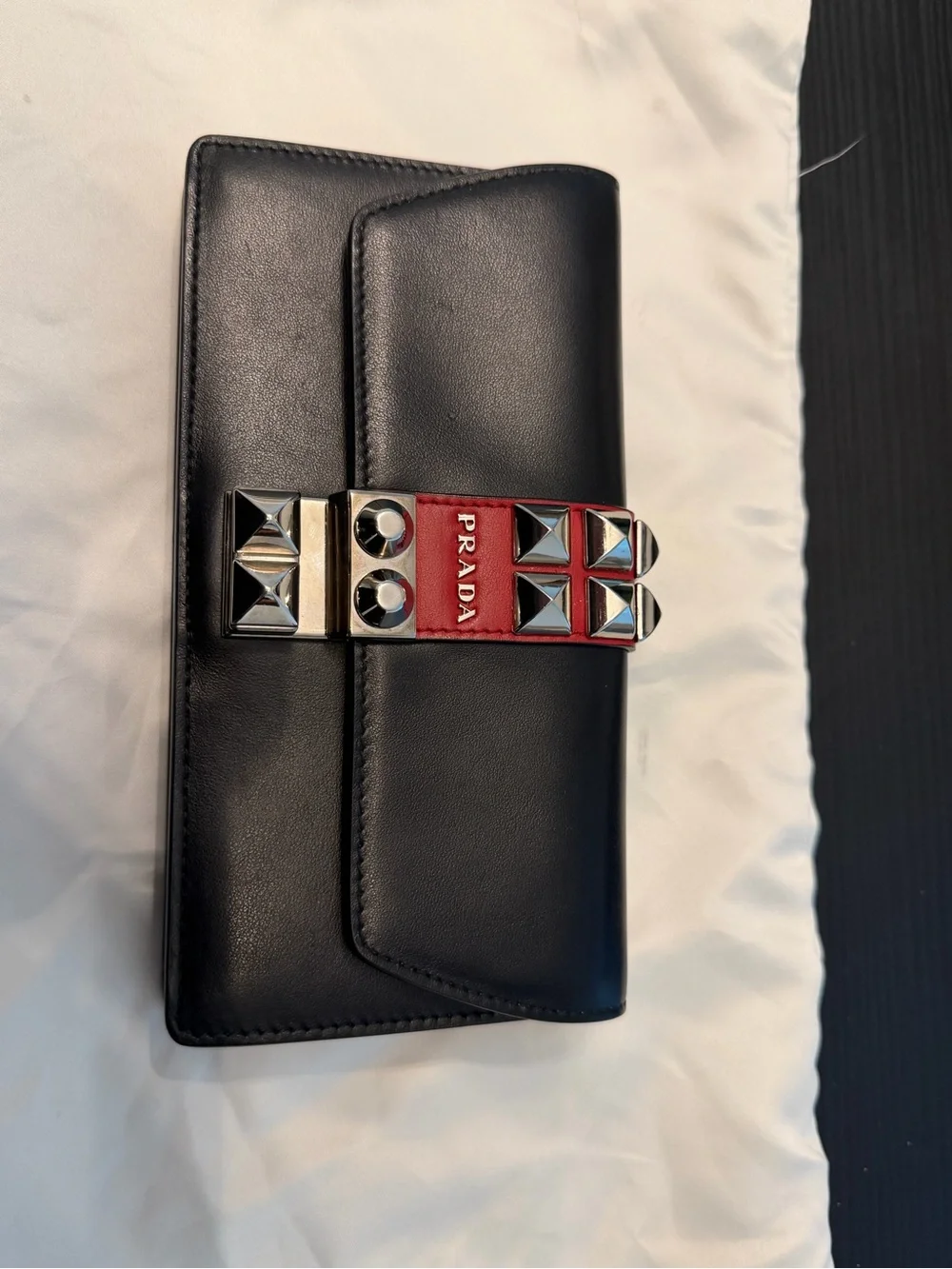 Prada Elektra Black Leather Wallet with Red Stud-Trim and chain, 100% authentic